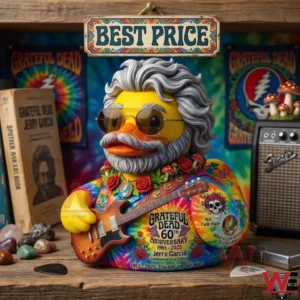 Jerry Garcia inspired duck figure displayed with music themed decor!
