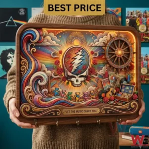A person holding a large 3D wooden artwork with the Grateful Dead skull and lightning bolt! The art is detailed with roses dancing bears and a sunburst pattern! The wooden frame has hooks at the bottom for hanging items! The background is filled with music album posters!