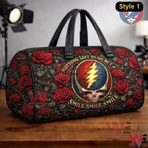 Black duffel bag with red roses and Grateful Dead skull design!