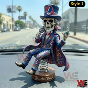 Skeleton singer figure in a blue suit with a microphone on a dashboard!