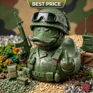 Green tactical duck figure with helmet rifle and army gear in a camouflage display!