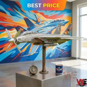 A gray fighter jet model with a prominent front propeller on a pedestal! The aircraft has detailed markings like Top Gun and a wolf head on the fin! On the metal base are a brass compass and a blue mug! The background is a bright wall painting of fighter planes!