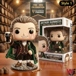 Arthur Guinness collectible figure holding a pint beside a display box in a barrel room!