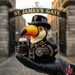 Guinness themed toucan duck holding a pint in front of St James Gate!