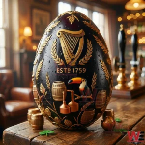 Black decorative egg with gold Guinness harp crest and ESTD 1759 on a wooden table in a cozy pub!