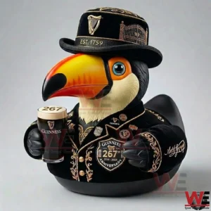 Guinness anniversary collector duck wearing a black hat and jacket holding a stout pint!