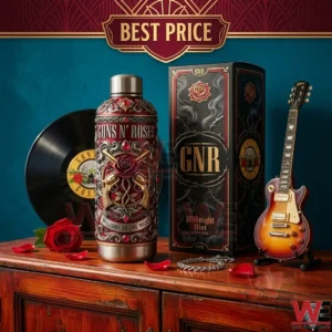 An ornate red and silver Guns N Roses themed water bottle and its black Midnight Riot Edition box sit on a wooden chest. A miniature electric guitar a vinyl record and a red rose surround the items under a Best Price banner.