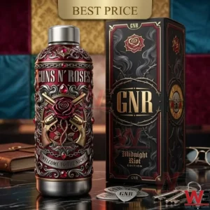 A detailed view of the Guns N Roses collector water bottle and its box on a marble table. Silver guitar picks and keys are placed in front of the bottle while a gold Best Price sign hangs above.