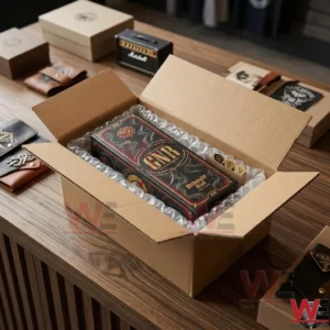 The black Guns N Roses collector box is packed in a cardboard shipping box with bubble wrap on a wooden table. Other boxes and a miniature guitar amp are visible in the background.