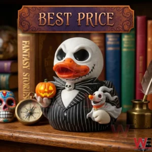Rubber duck collectible featuring a skeleton tuxedo design with a pumpkin and ghost dog accessory on a bookshelf!