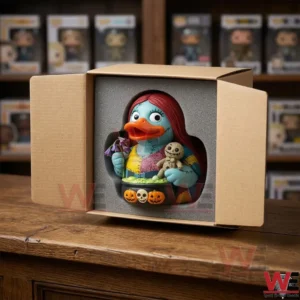 A blue ragdoll rubber duck in a protective foam packaging inside a brown box displayed on a wooden counter!