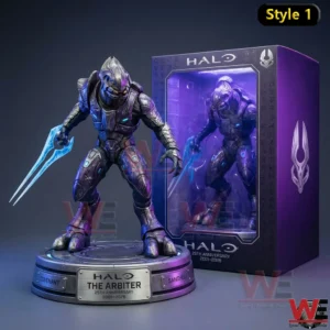 Halo Arbiter collector statue beside a purple display box!