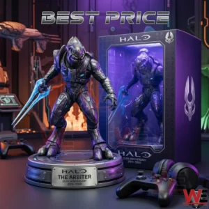 Halo Arbiter collector statue with box in a gaming room scene!