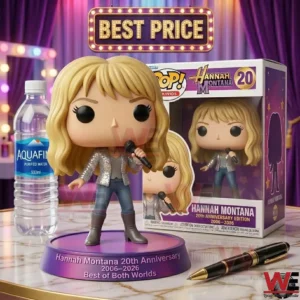 Commemorative pop star collector figure with blonde hair and a sparkly jacket standing on a branded display base!