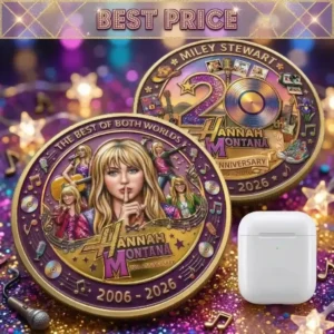 Hannah Montana anniversary collector coins with a white earbuds case and colorful background!