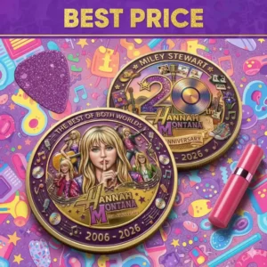 Two Hannah Montana anniversary collector coins on a colorful pop themed background!