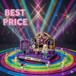 Wide view of concert stage building brick display on rainbow rings!