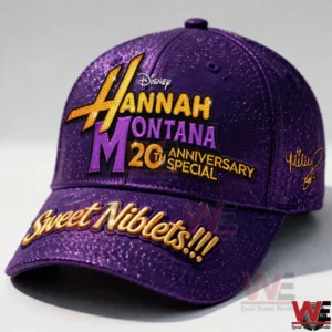 A glittery purple Hannah Montana 20th anniversary baseball cap with gold embroidery and the words Sweet Niblets on the brim.