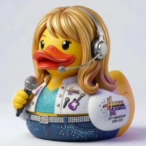 Yellow singer themed rubber duck with blonde hair headset and microphone!