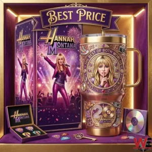 A rose gold tumbler and a large gift box with Hannah Montana imagery on a purple velvet surface! The display includes guitar picks in a box a music CD and a gold key! The background is purple with bright light borders!