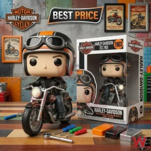 A vinyl biker figure on a motorcycle with product packaging and miniature tools!