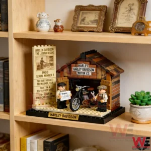 Brick built Harley Davidson garage display with a motorcycle and two mini figures on a bookshelf!