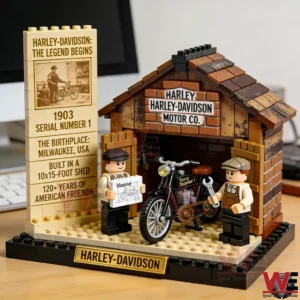 Harley Davidson The Birthplace Garage Motorcycle Brick Set 4 Close up brick built Harley Davidson garage with a motorcycle plaque and two mini figures!