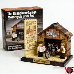 Harley Davidson The Birthplace Garage Motorcycle Brick Set 5 Harley Davidson birthplace garage brick set displayed with the product box behind it!
