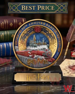 A 25th anniversary Harry Potter collectible plaque showing the Hogwarts Express on a marble stand!