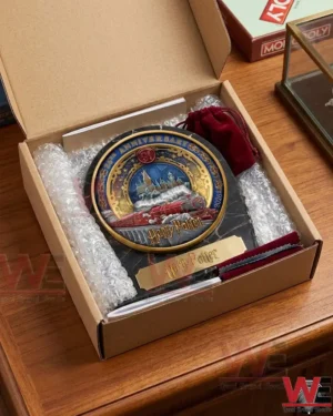 A Harry Potter commemorative plaque in a shipping box with protective packaging and accessories!