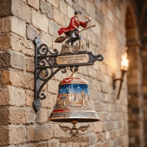 Hogwarts themed wall bell on a stone wall!