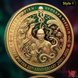 Gold Harry Potter style anniversary coin with dark wizard and snake design!