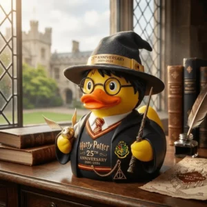 Yellow wizard duck dressed like Harry Potter holding a wand in a magical study room!