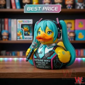 Hatsune Miku themed rubber duck with teal hair and a microphone sitting on a wooden desk!