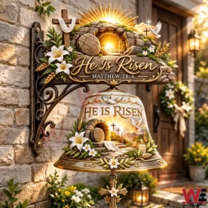 Easter wall bell with He Is Risen message and glowing empty tomb scene!