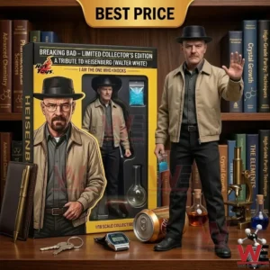 A detailed 1 6th scale action figure of Walter White as Heisenberg standing next to his collectible figure box and various related lab accessories on a wooden desk!