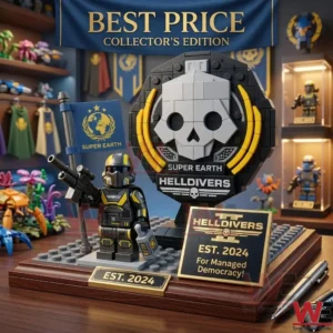A collector edition Helldivers 2 building block set on a wooden display base!