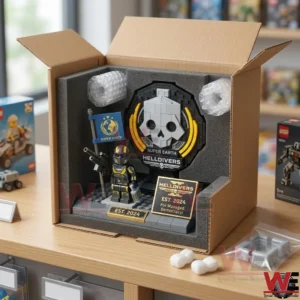 The Helldivers 2 building set packed inside a shipping box with custom foam padding!