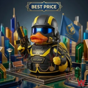 Helldivers 2 themed rubber duck with armor rifle and flag in a miniature city!