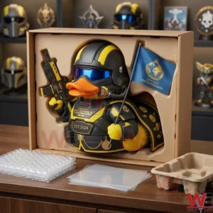 Helldivers II Super Earth Veteran Duck 5 An open shipping box containing the Helldivers 2 rubber duck with protective inserts!