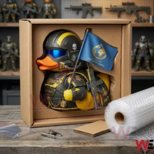 Helldivers II Super Earth Veteran Duck 7 The Helldivers 2 rubber duck in its box with shipping supplies on a table!