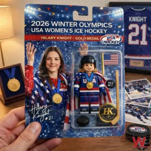 Packaged USA womens ice hockey figure set with Hilary Knight artwork and gold medal themed accessories!