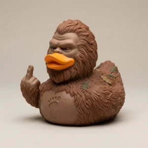 Bigfoot style rubber duck with orange bill and raised middle finger!