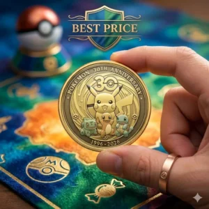 Hand holding a Pokemon thirtieth anniversary coin over a colorful game board!