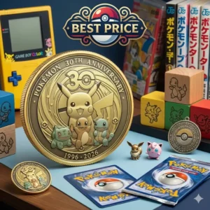 Pokemon anniversary coin displayed with cards figures and collectibles!