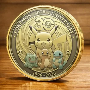 Pokemon anniversary coin standing on a wooden table!