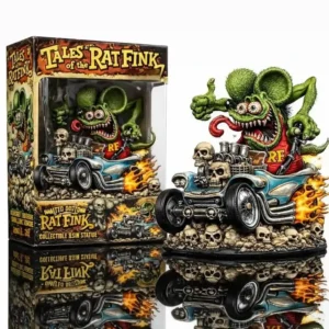 Rat Fink resin statue with hot rod car and skull base beside retail box!