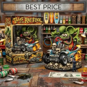 Rat Fink statue and box under best price sign in workshop display!