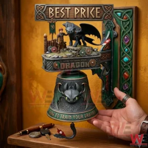 A hand reaches for a green and bronze Viking style bell featuring Toothless and Hiccup from the movie How To Train Your Dragon!