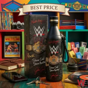 The WWE championship water bottle and box are surrounded by vintage wrestling items including a miniature ring comics and a framed match photo. The bottle displays names of famous wrestlers and the team logo.